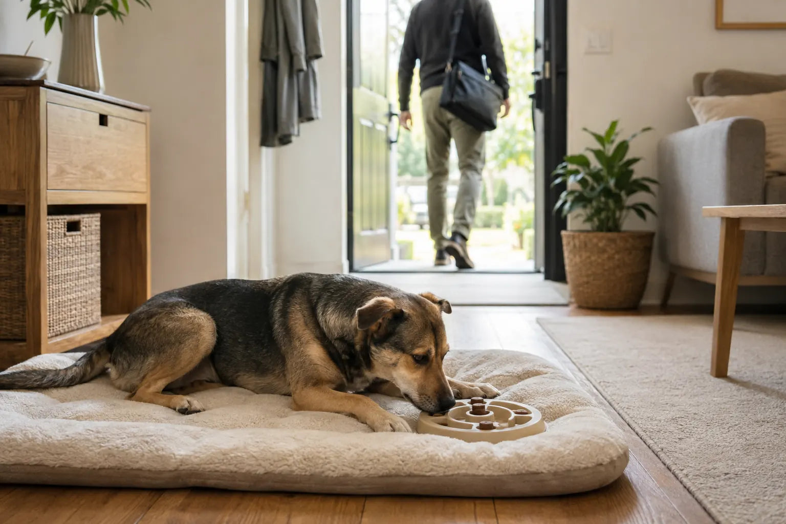 Hond blijft ontspannen op zijn rustplek terwijl de eigenaar rustig vertrekt