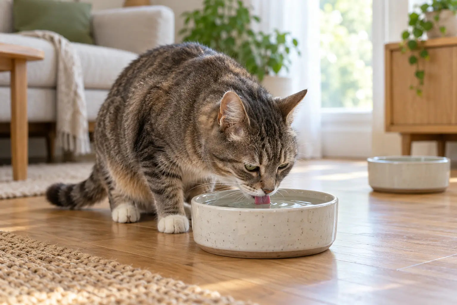 Senior kat drinkt water uit een brede kom in een rustige woonkamer