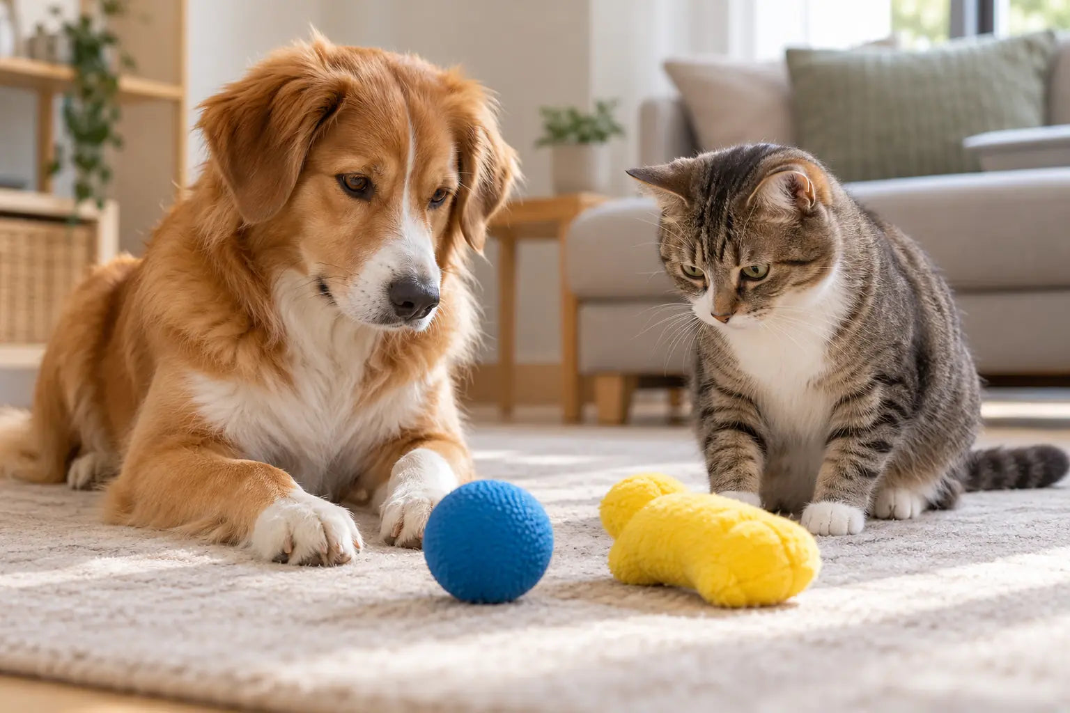 Hond en kat kijken naar een blauwe bal en geel speeltje