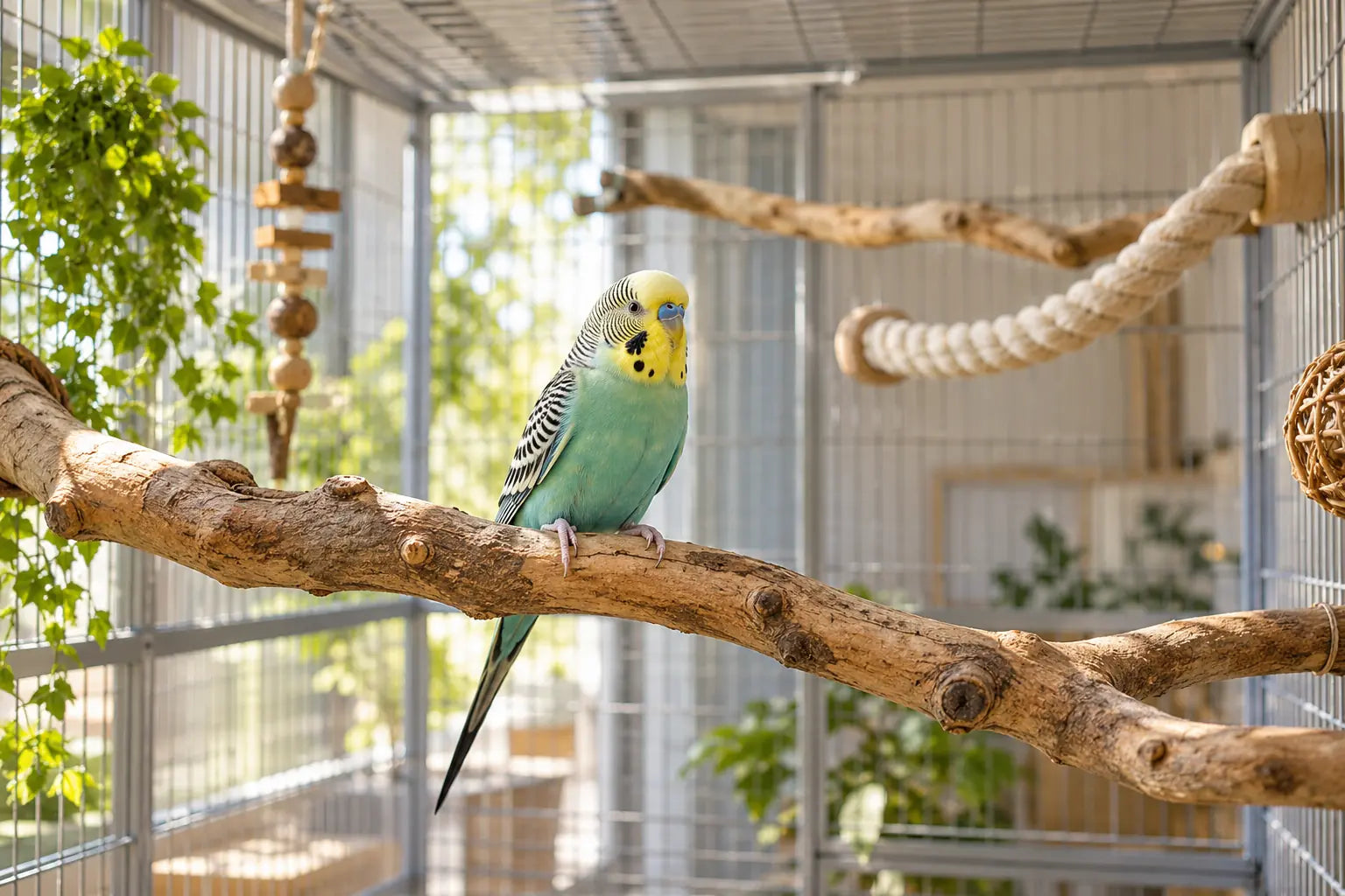 Grasparkiet zit op een natuurlijke houten zitstok in een ruime volière met meerdere zitstoktypen